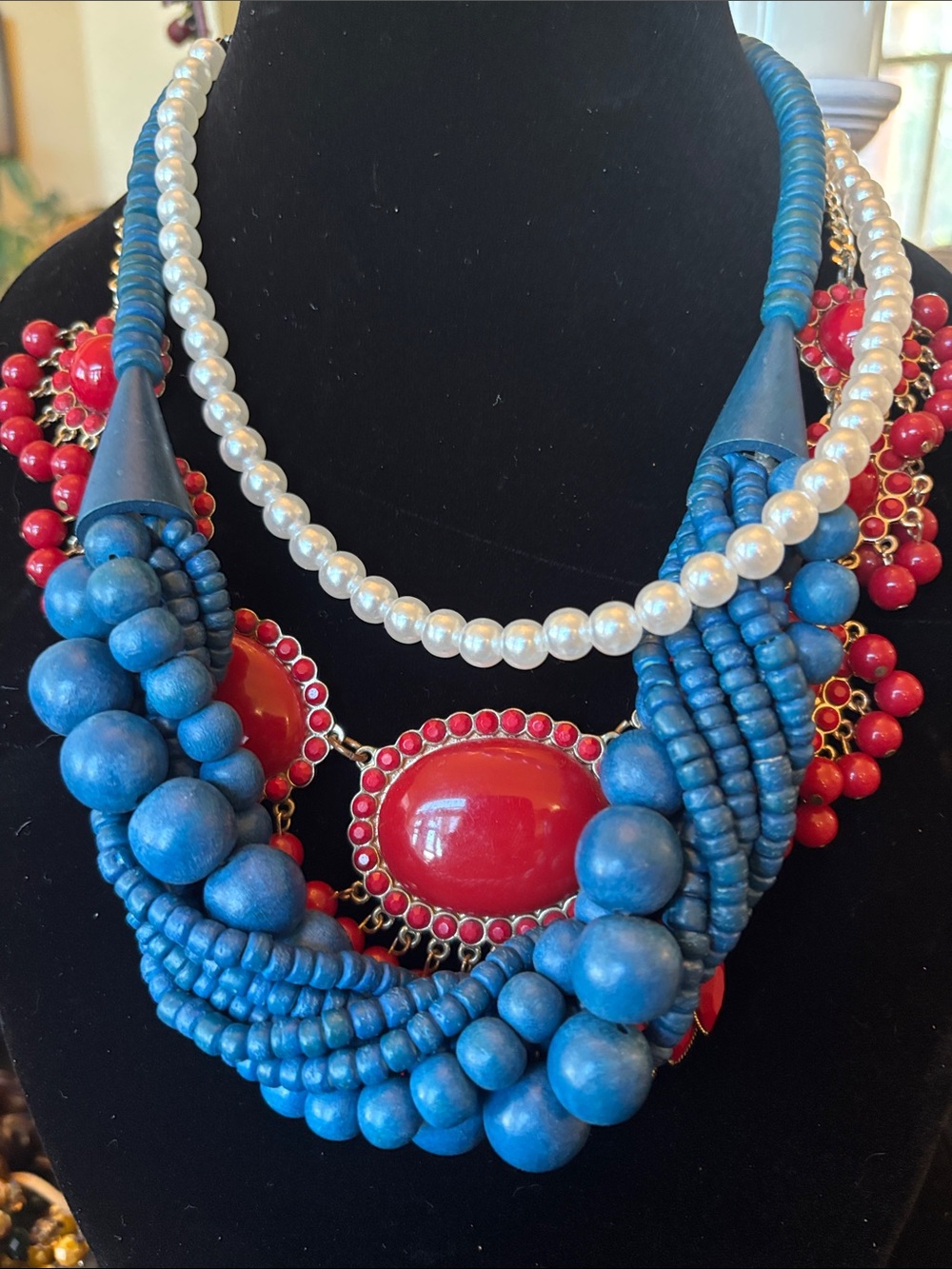 Bold Blue Beaded Statement Necklace with Red Accents